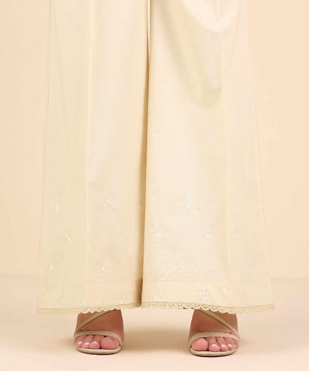 Women's Pret Cambric Beige Embroidered Flared Pants