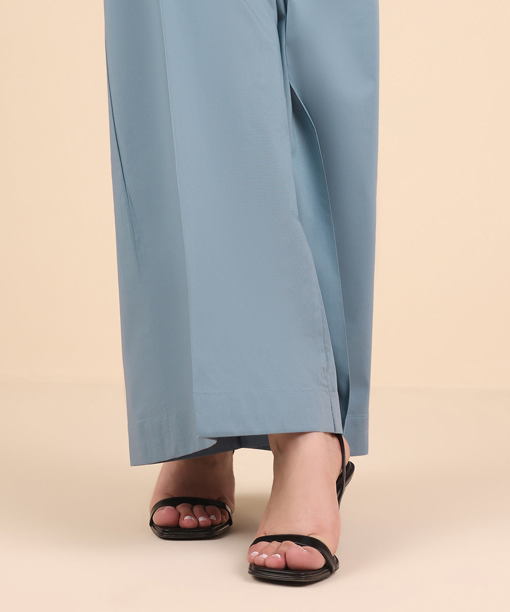 Women's Pret Cambric Blue Solid Flared Pants