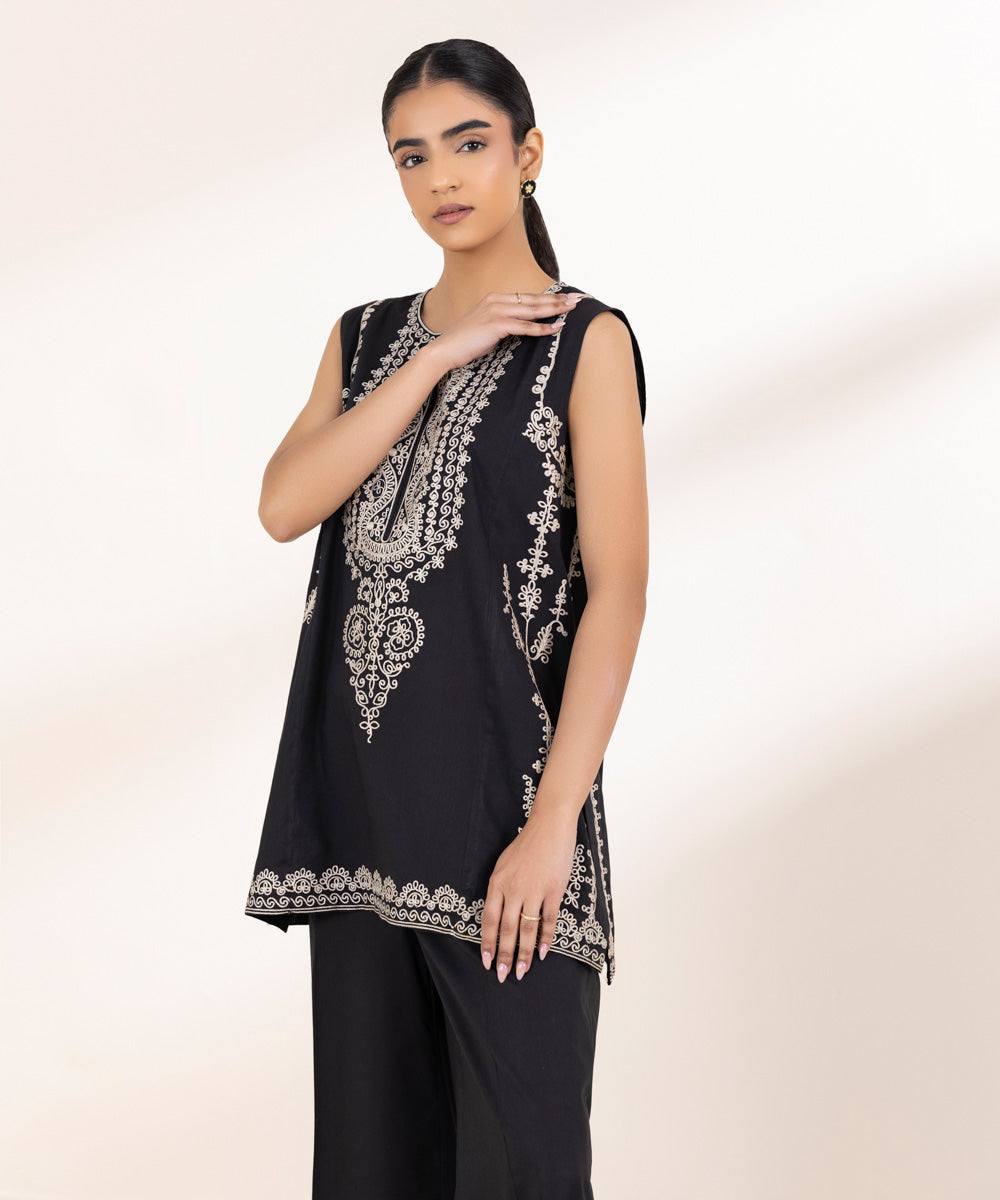 Women's Pret Cotton Viscose Black Embroidered Straight Shirt