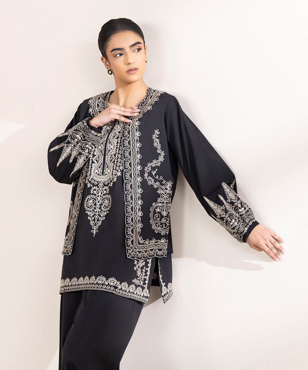 Women's Pret Cotton Viscose Black Embroidered Straight Shirt