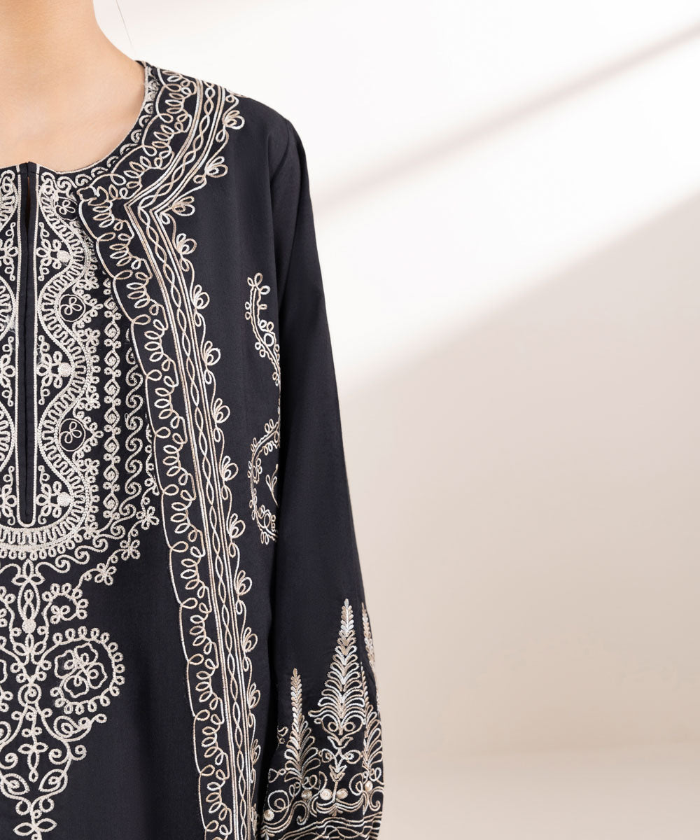 Women's Pret Cotton Viscose Black Embroidered Straight Shirt