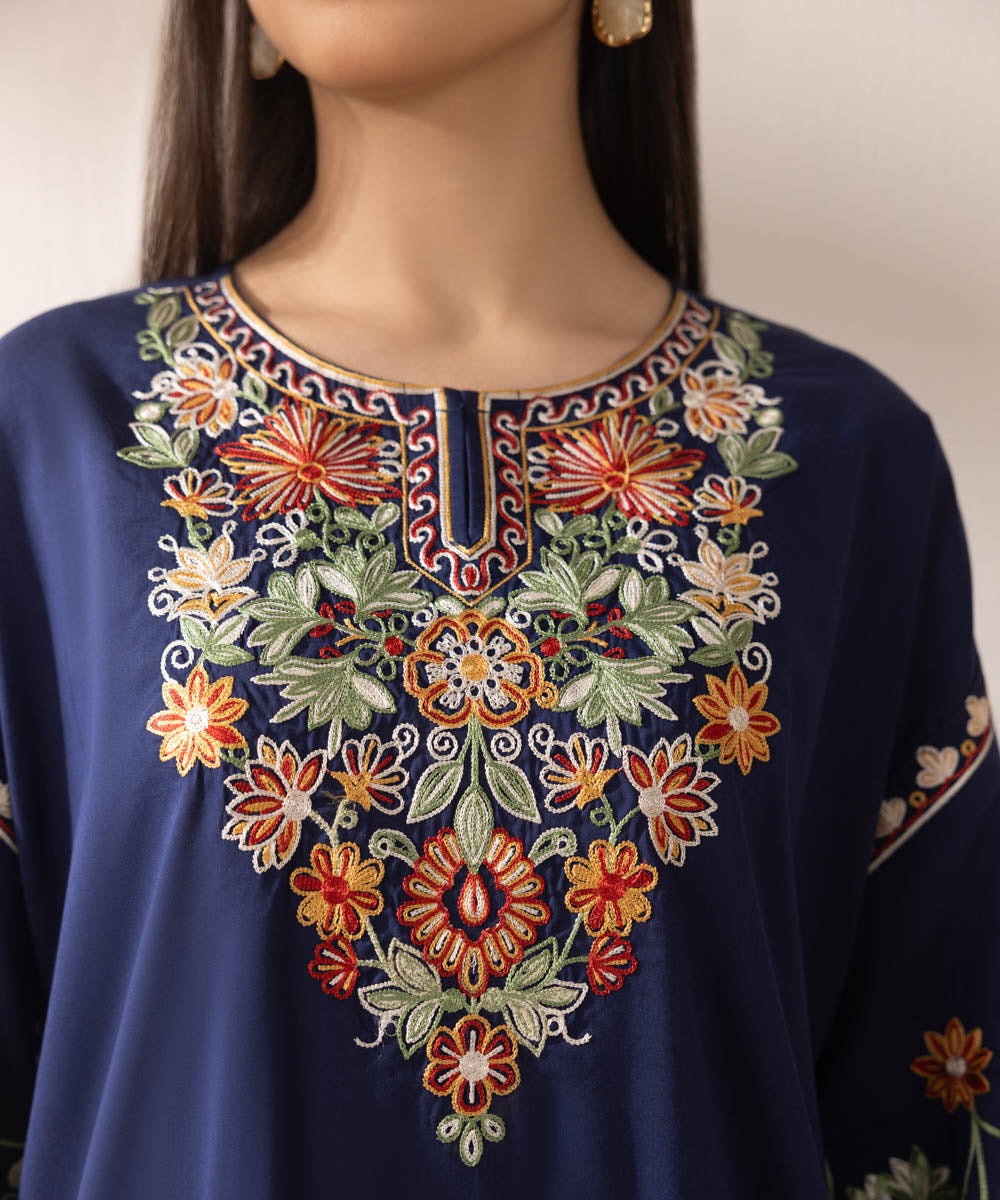 Women's Pret Cotton Viscose Blue Embroidered Boxy Shirt