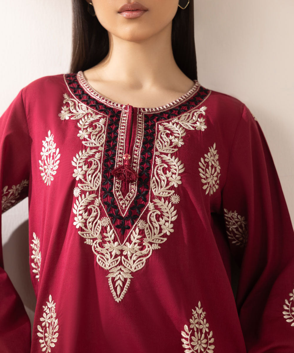 Women's Pret Cotton Viscose Red Embroidered A-Line Shirt