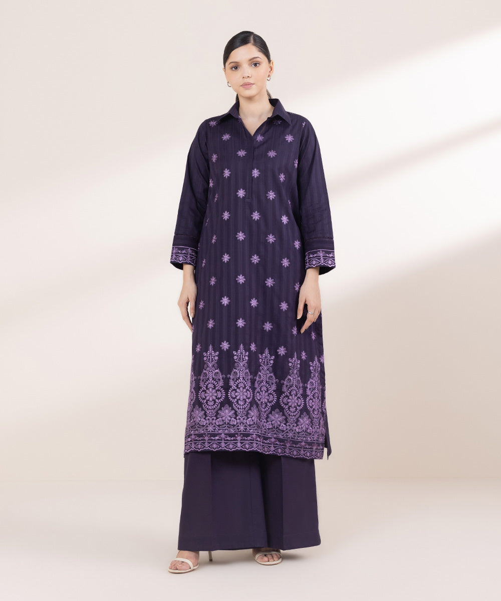 Women's Pret Dobby Embroidered Deep Violet A-Line Shirt