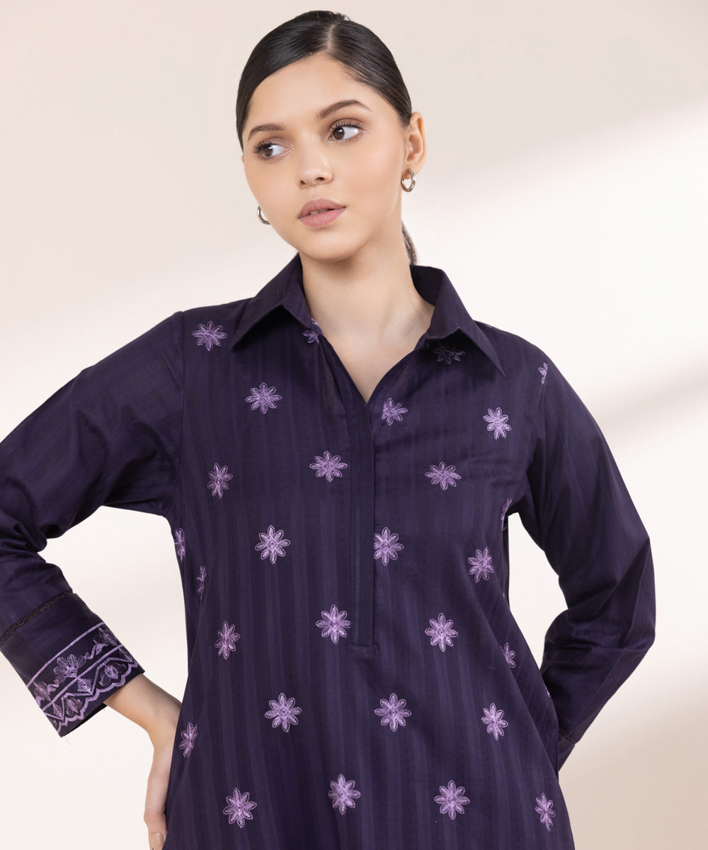 Women's Pret Dobby Embroidered Deep Violet A-Line Shirt