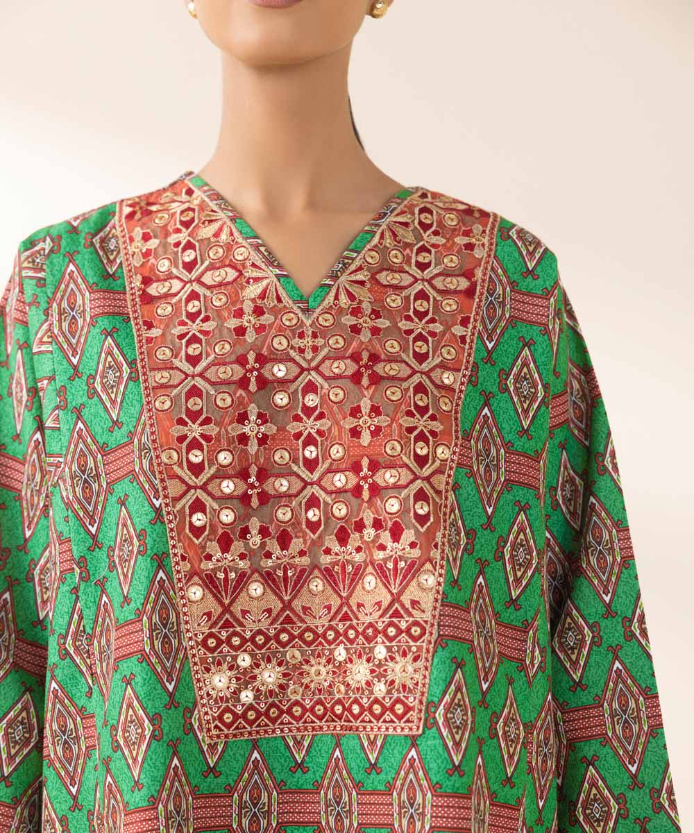 Women's Unstitched Embroidered Green Light Khaddar Three Piece Suit