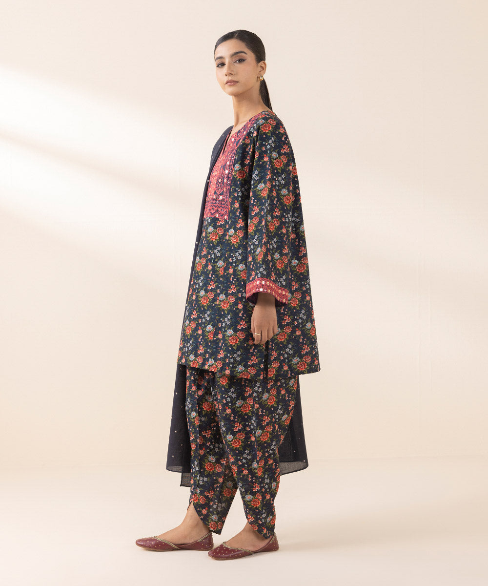 Women's Unstitched Embroidered Navy Blue Light Khaddar Three Piece Suit