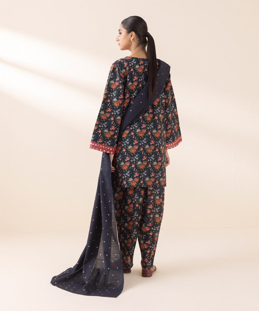 Women's Unstitched Embroidered Navy Blue Light Khaddar Three Piece Suit