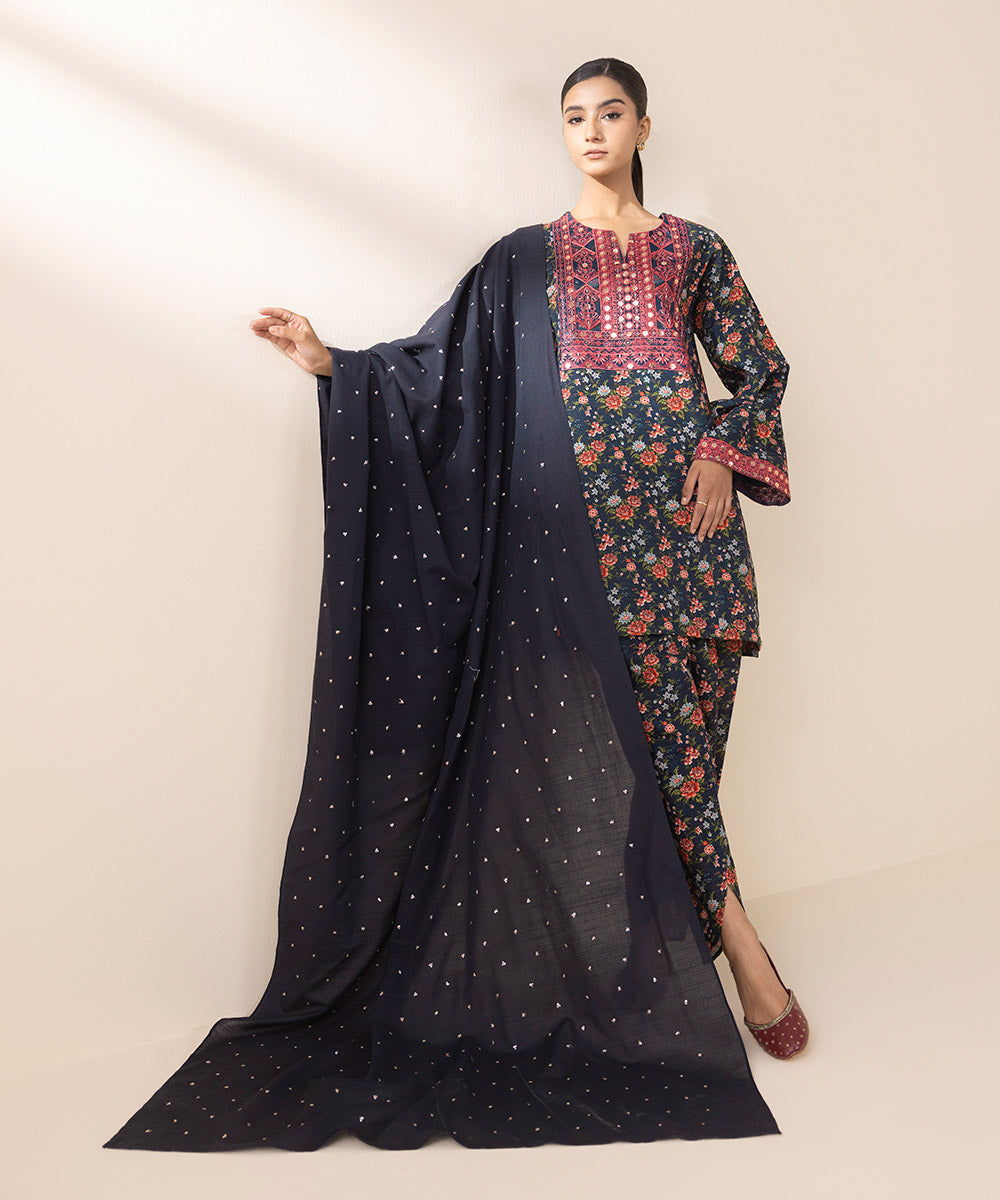 Women's Unstitched Embroidered Navy Blue Light Khaddar Three Piece Suit