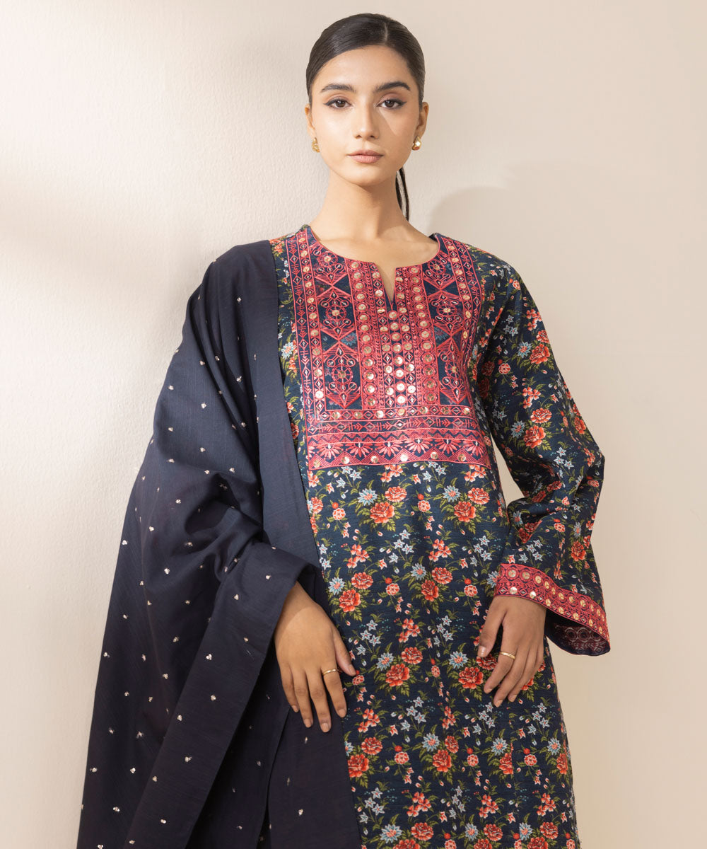 Women's Unstitched Embroidered Navy Blue Light Khaddar Three Piece Suit