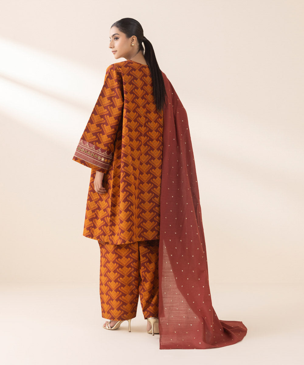 Women's Unstitched Embroidered Maroon And Rust Light Khaddar Three Piece Suit