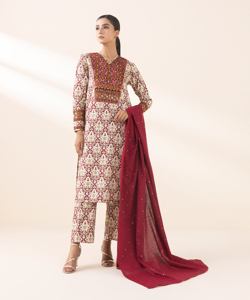 Women's Unstitched Embroidered Multicolours Light Khaddar Three Piece Suit