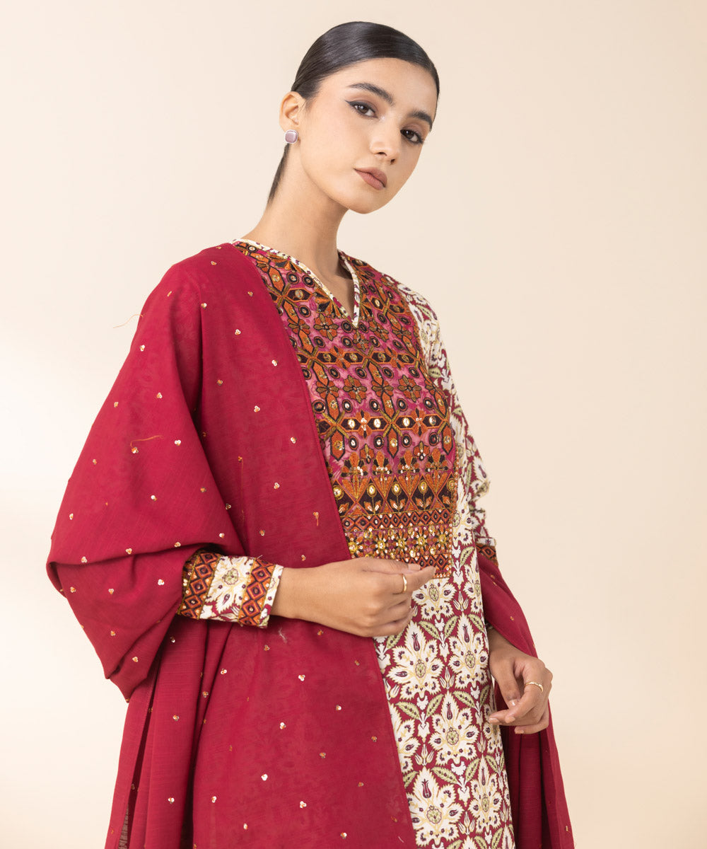 Women's Unstitched Embroidered Multicolours Light Khaddar Three Piece Suit