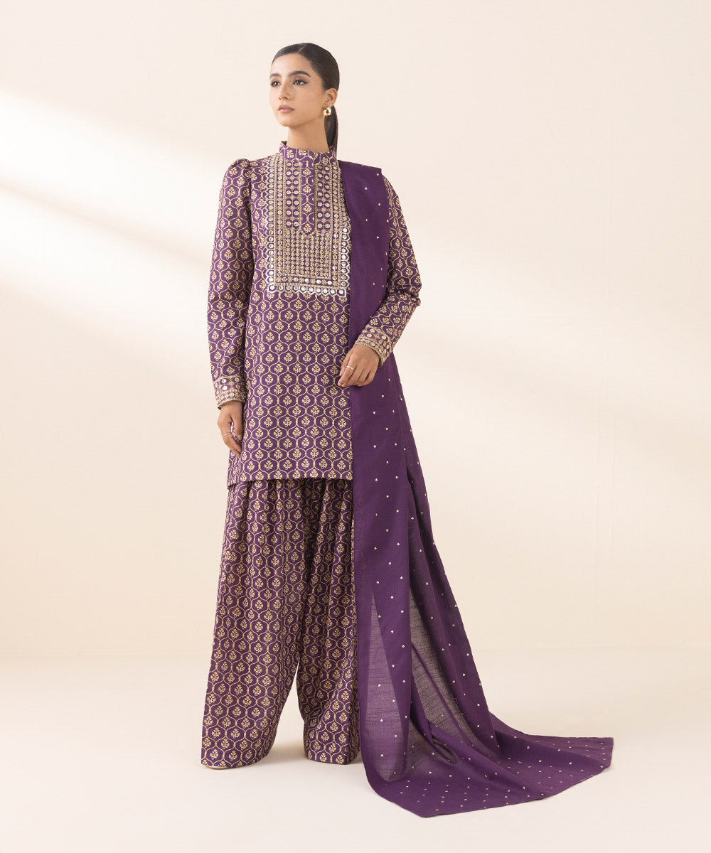 Women's Unstitched Embroidered Purple Light Khaddar Three Piece Suit