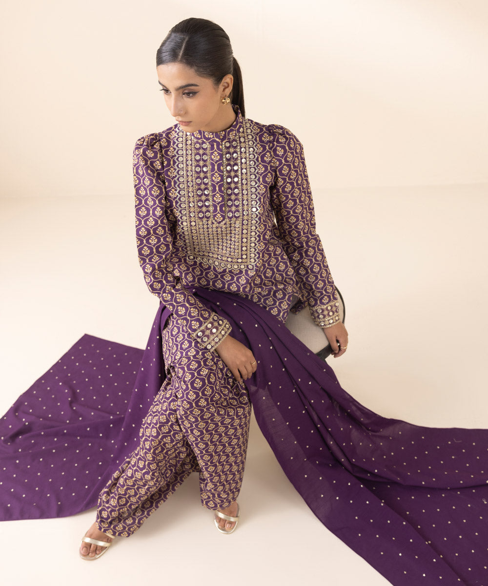 Women's Unstitched Embroidered Purple Light Khaddar Three Piece Suit