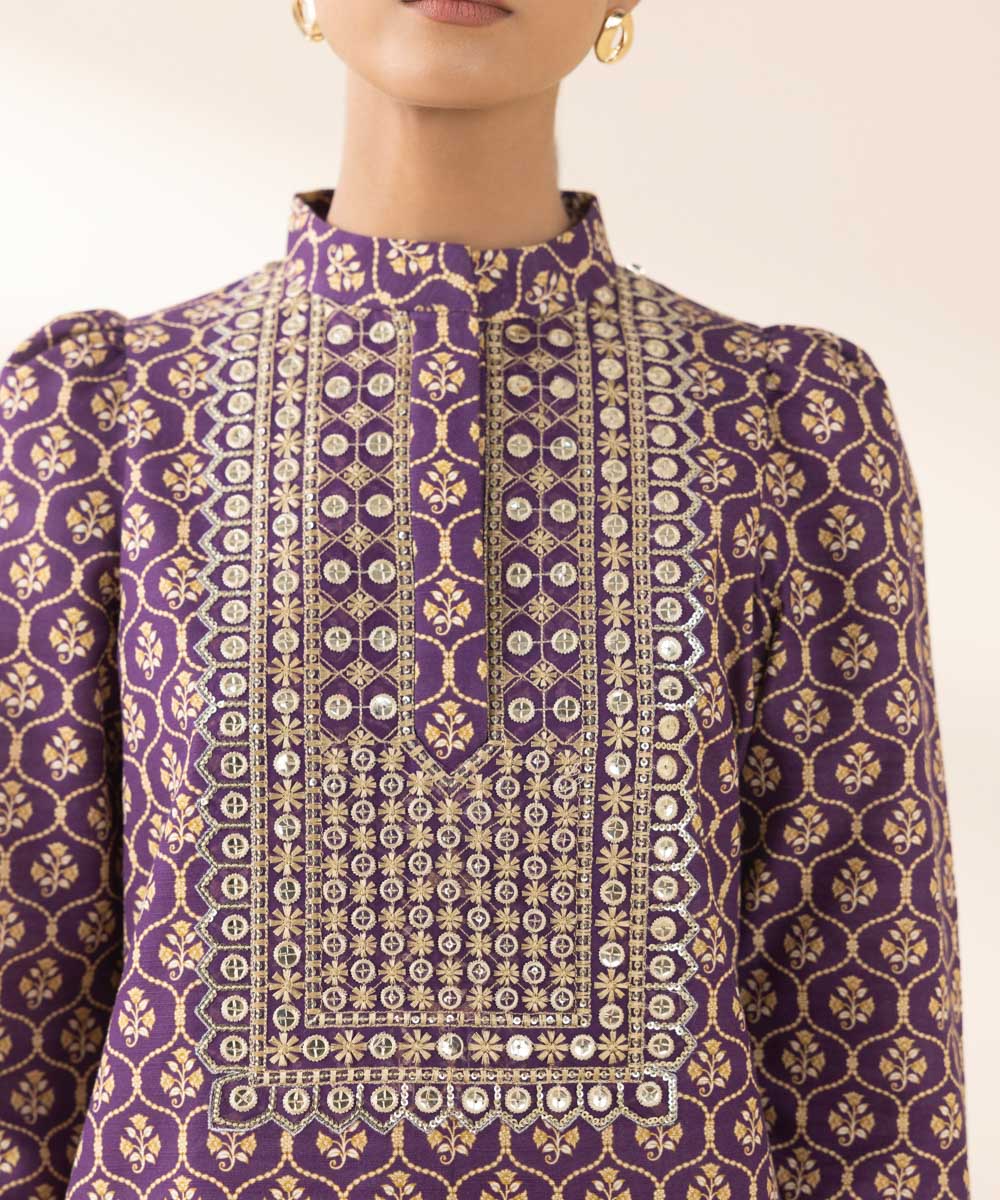 Women's Unstitched Embroidered Purple Light Khaddar Three Piece Suit