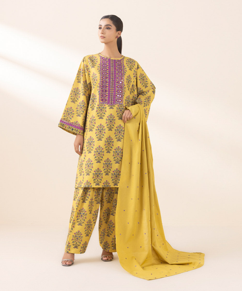 Women's Unstitched Embroidered Mustard Light Khaddar Three Piece Suit