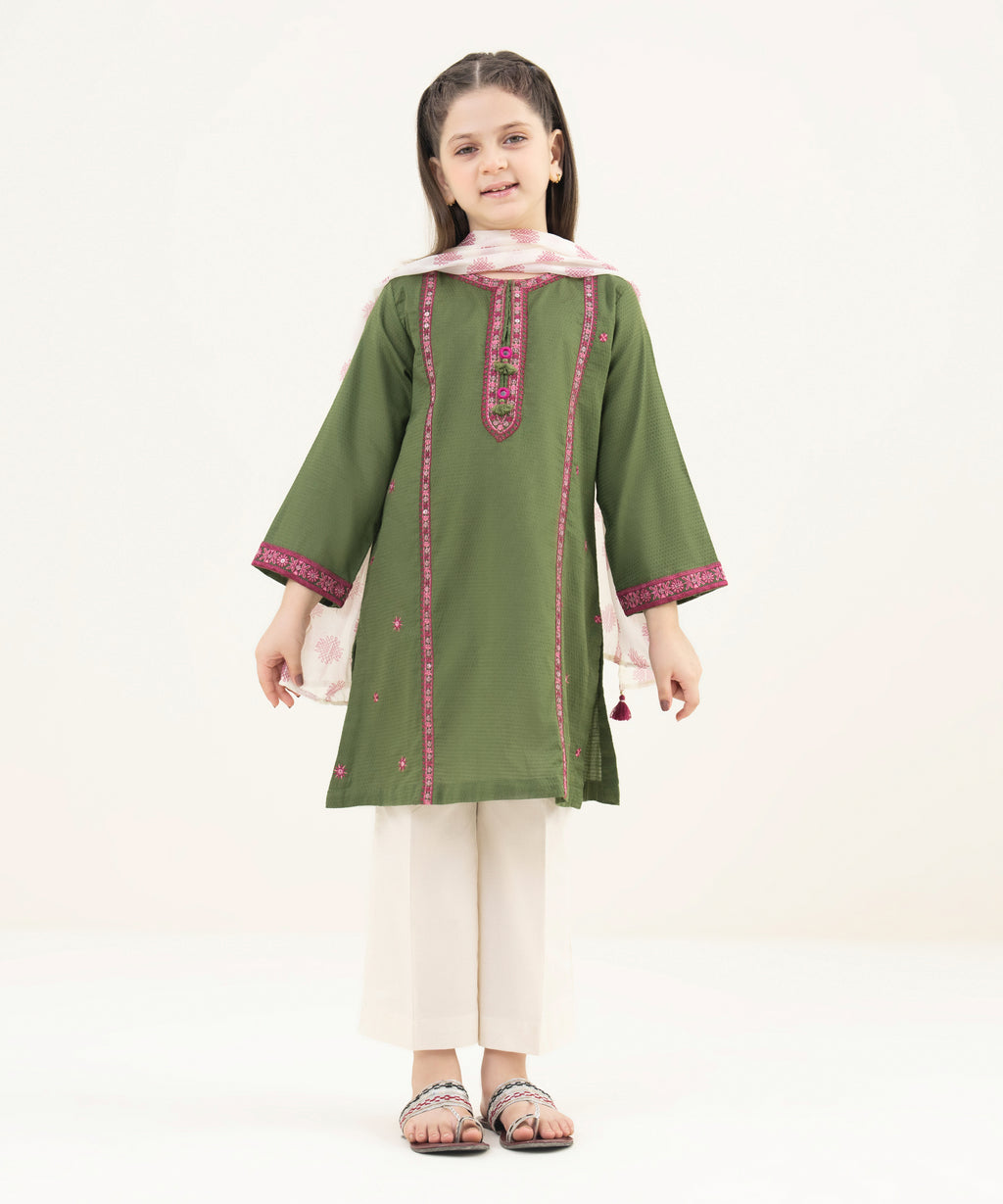 Girls Two Piece Embroidered Textured Lawn Shirt Dupatta