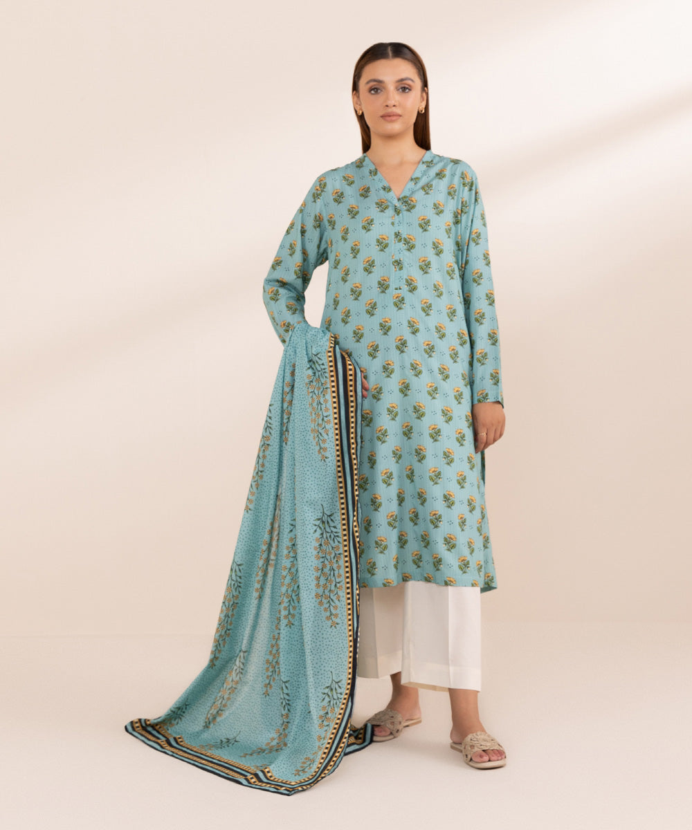 Textured Voile Blue Printed Dupatta