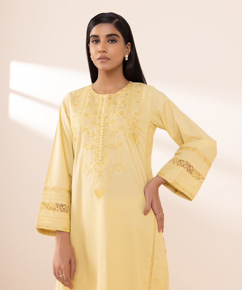Women's Pret Dobby Yellow Solid Embroidered A-Line Shirt
