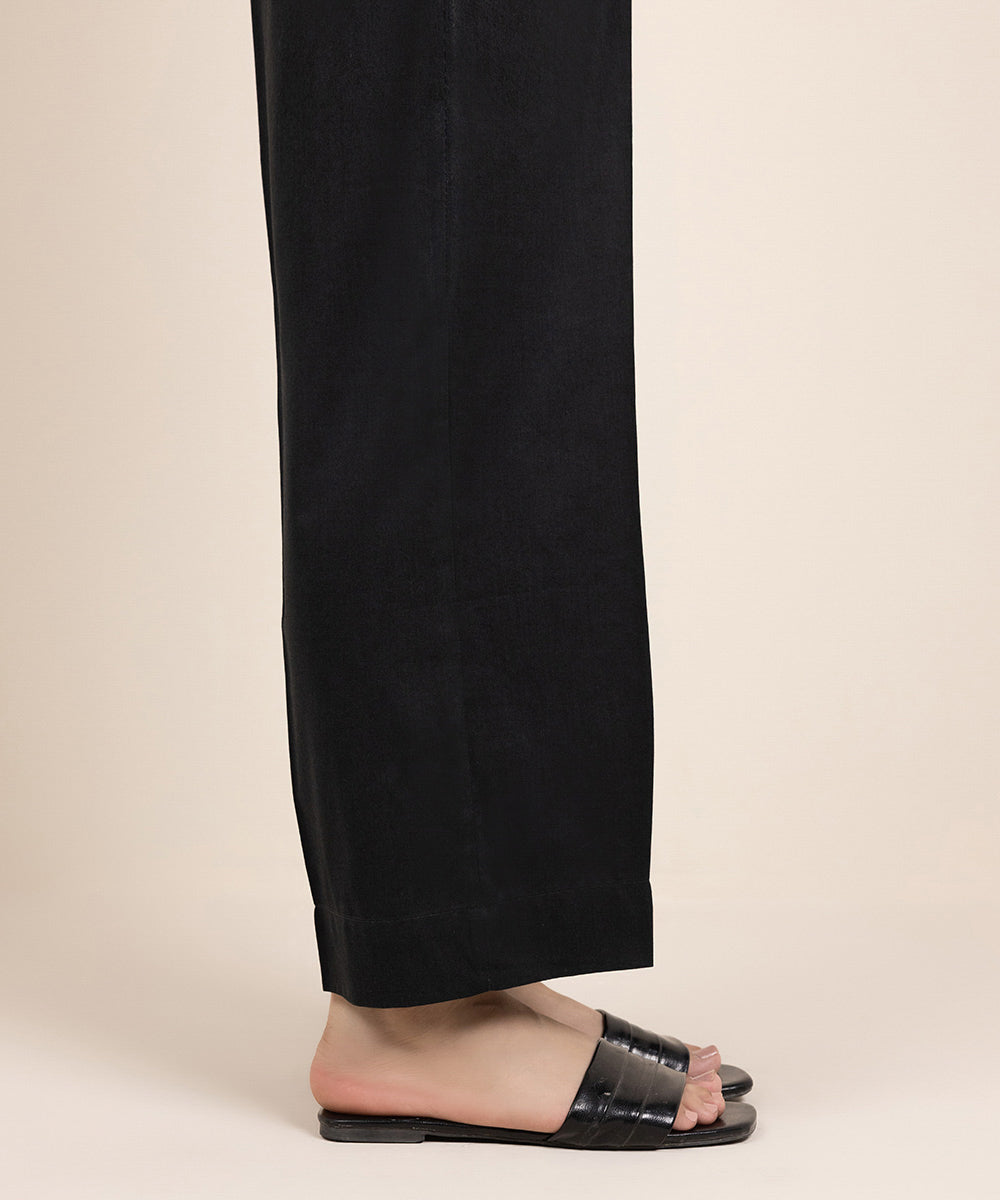 Women's Pret Cotton Viscose Solid Black Straight Pants