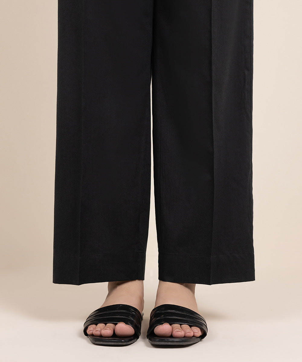 Women's Pret Cotton Viscose Solid Black Straight Pants