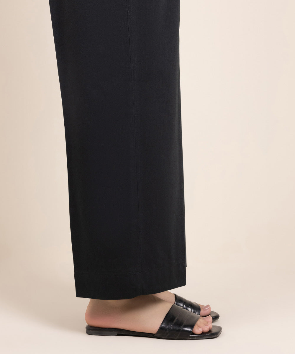 Women's Pret Cotton Viscose Solid Black Straight Pants