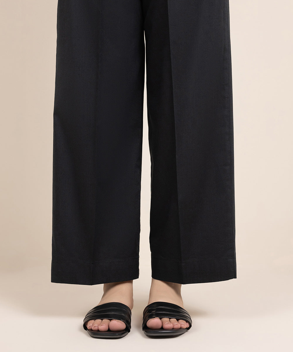 Women's Pret Cotton Viscose Solid Black Straight Pants