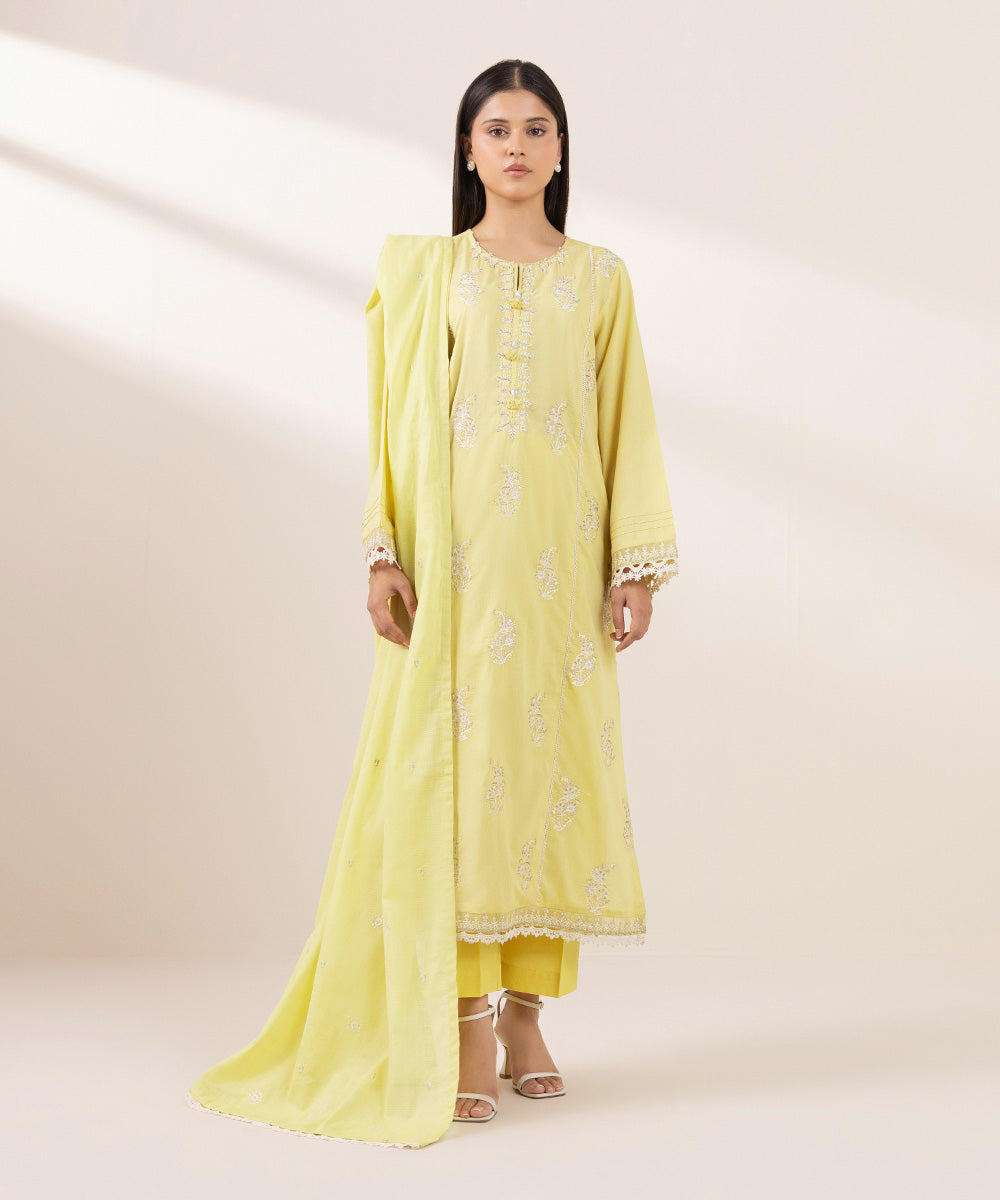 Textured Voile Yellow Embroidered Dupatta