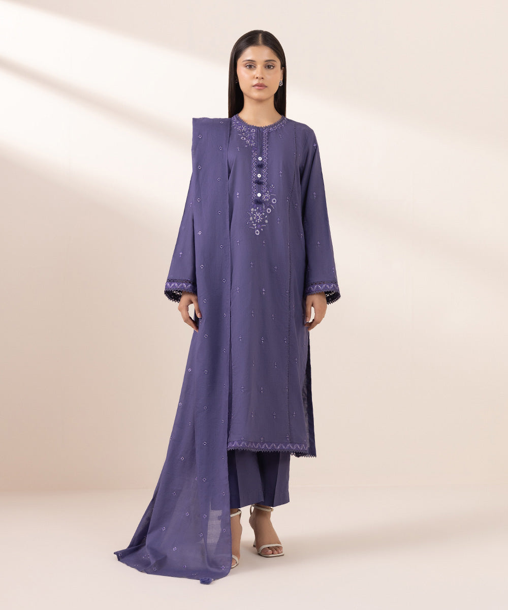 Textured Voile Purple Embroidered Dupatta