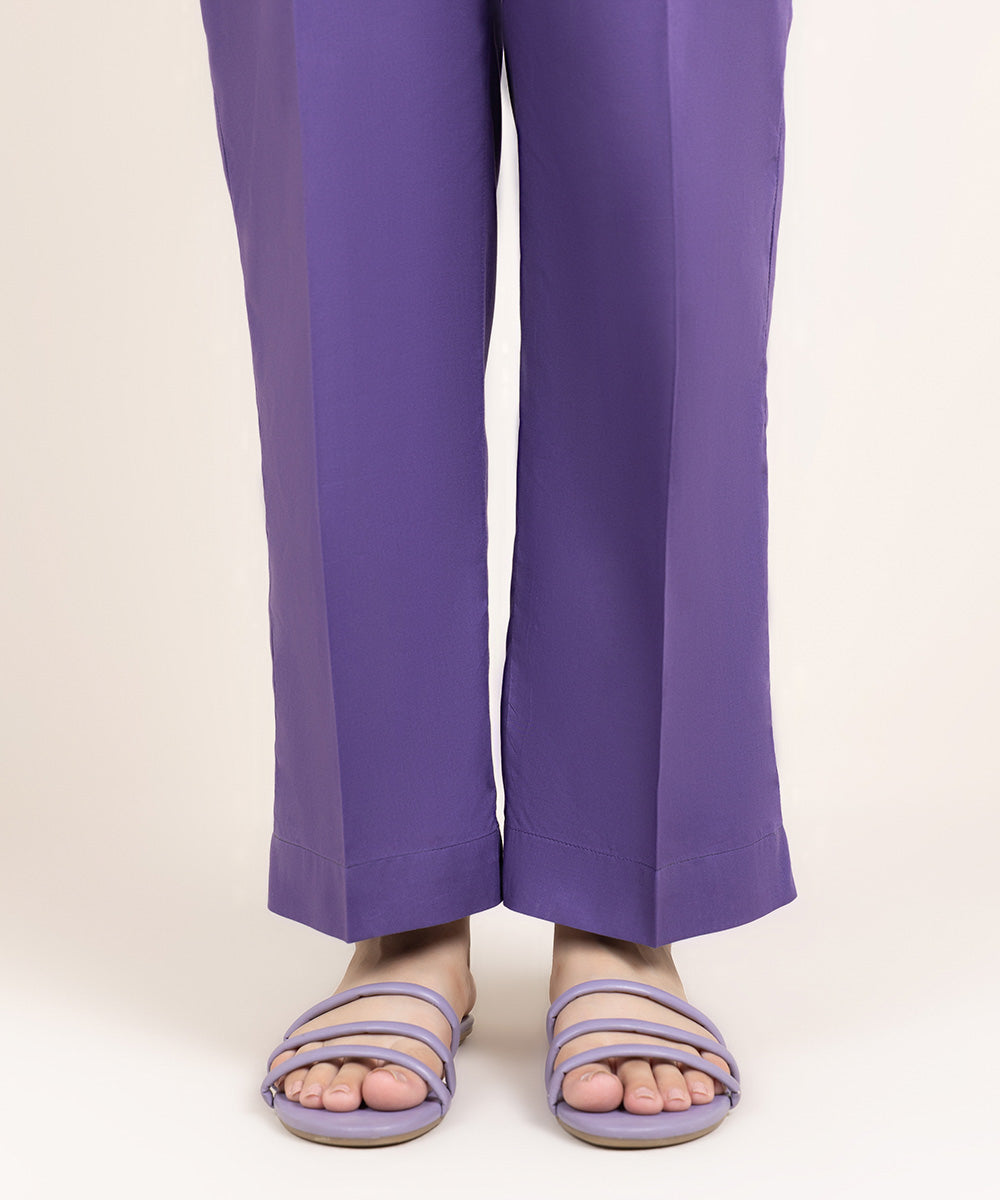 Women's Pret Cambric Solid Purple Straight Pants