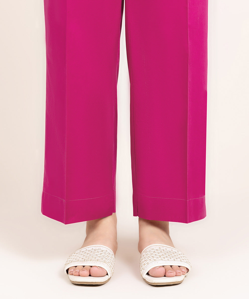 Women's Pret Cambric Solid Pink Straight Pants