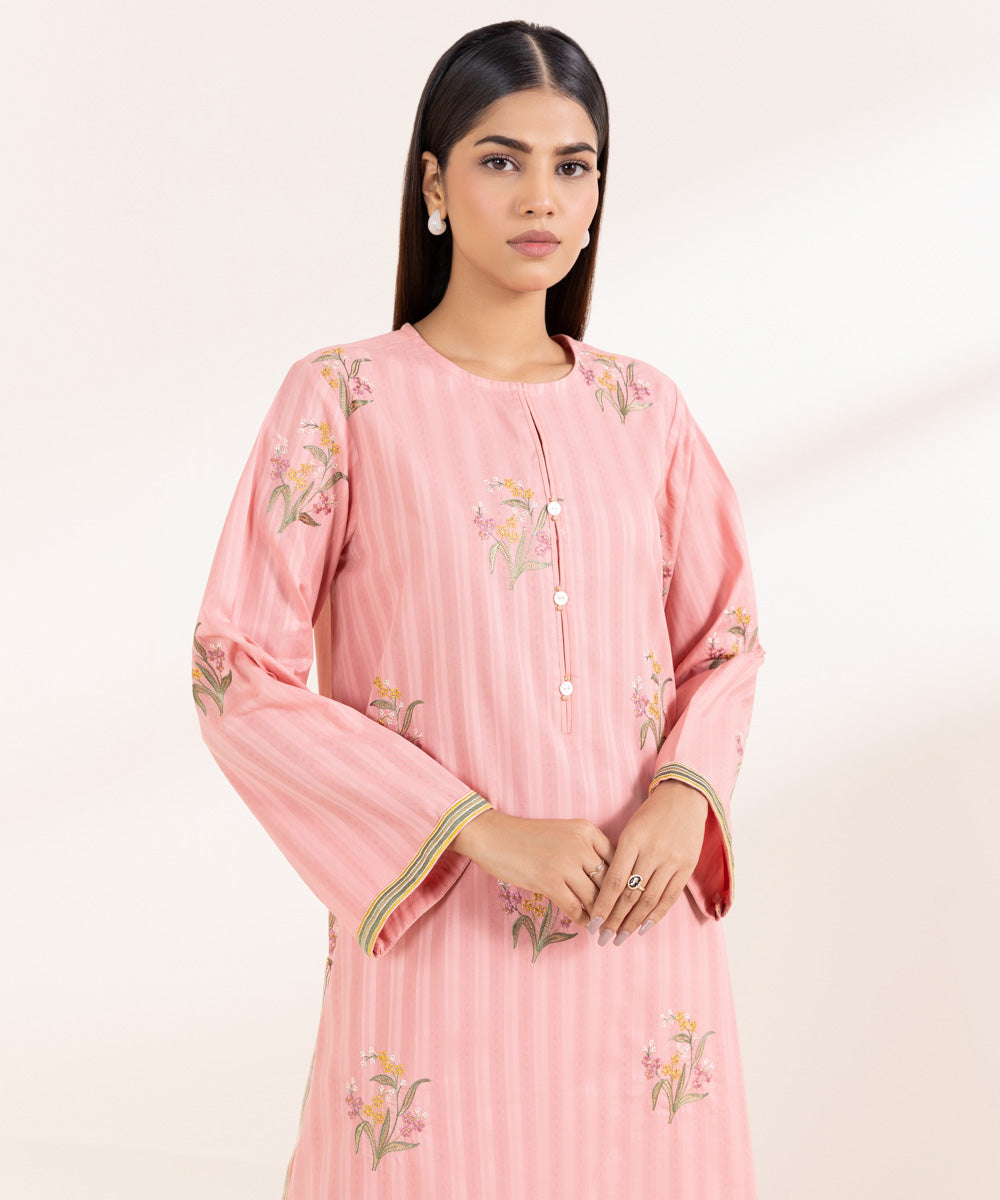 Women's Pret Dobby Solid Embroidered Pink Straight Shirt