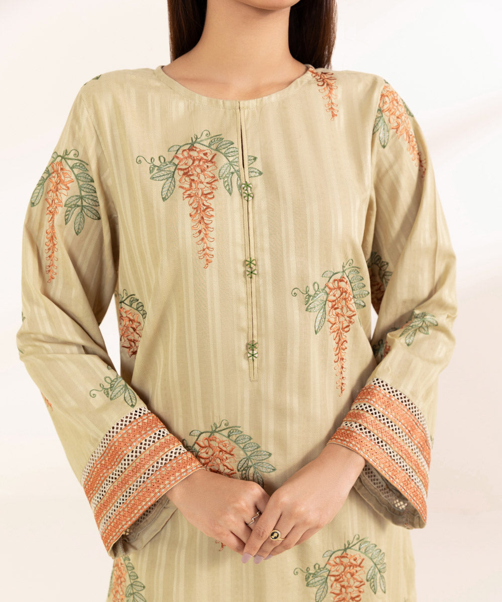 Women's Pret Dobby Solid Embroidered Beige A-Line Shirt