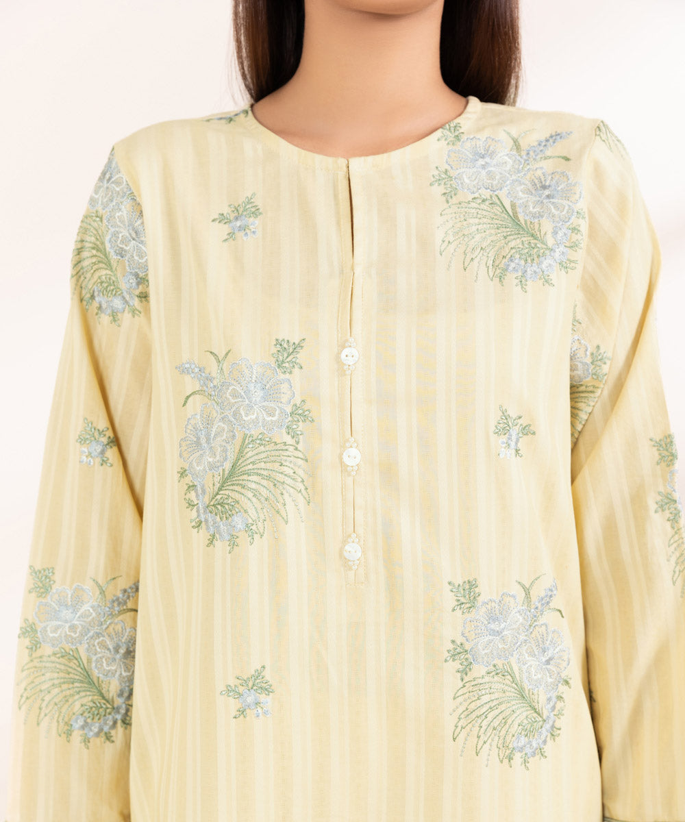 Women's Pret Dobby Solid Embroidered Yellow A-Line Shirt