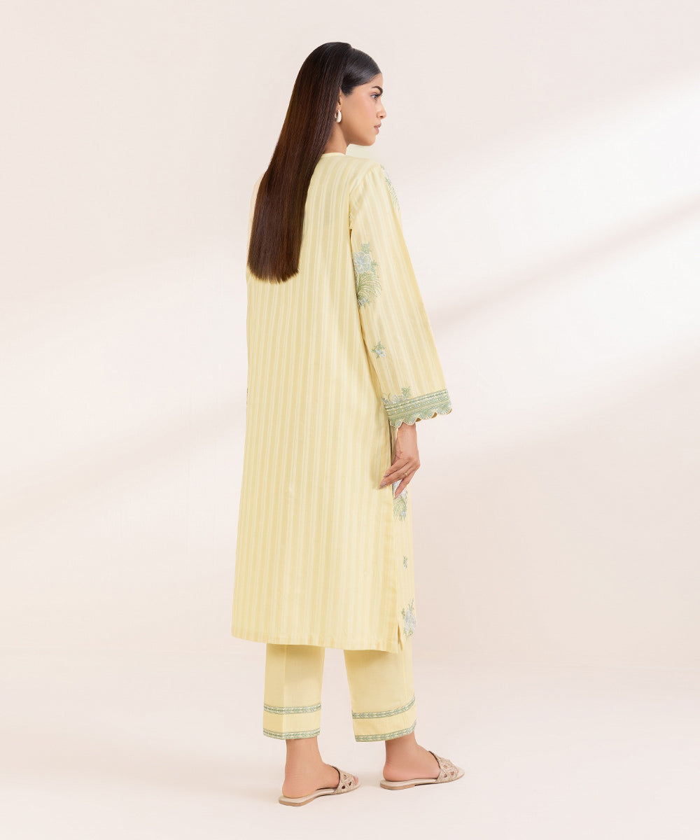 Women's Pret Dobby Solid Embroidered Yellow A-Line Shirt