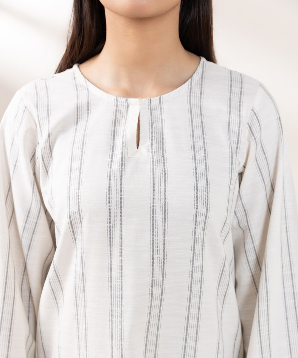 Women's Pret Yarn Dyed Cotton Solid Off White A-line Shirt