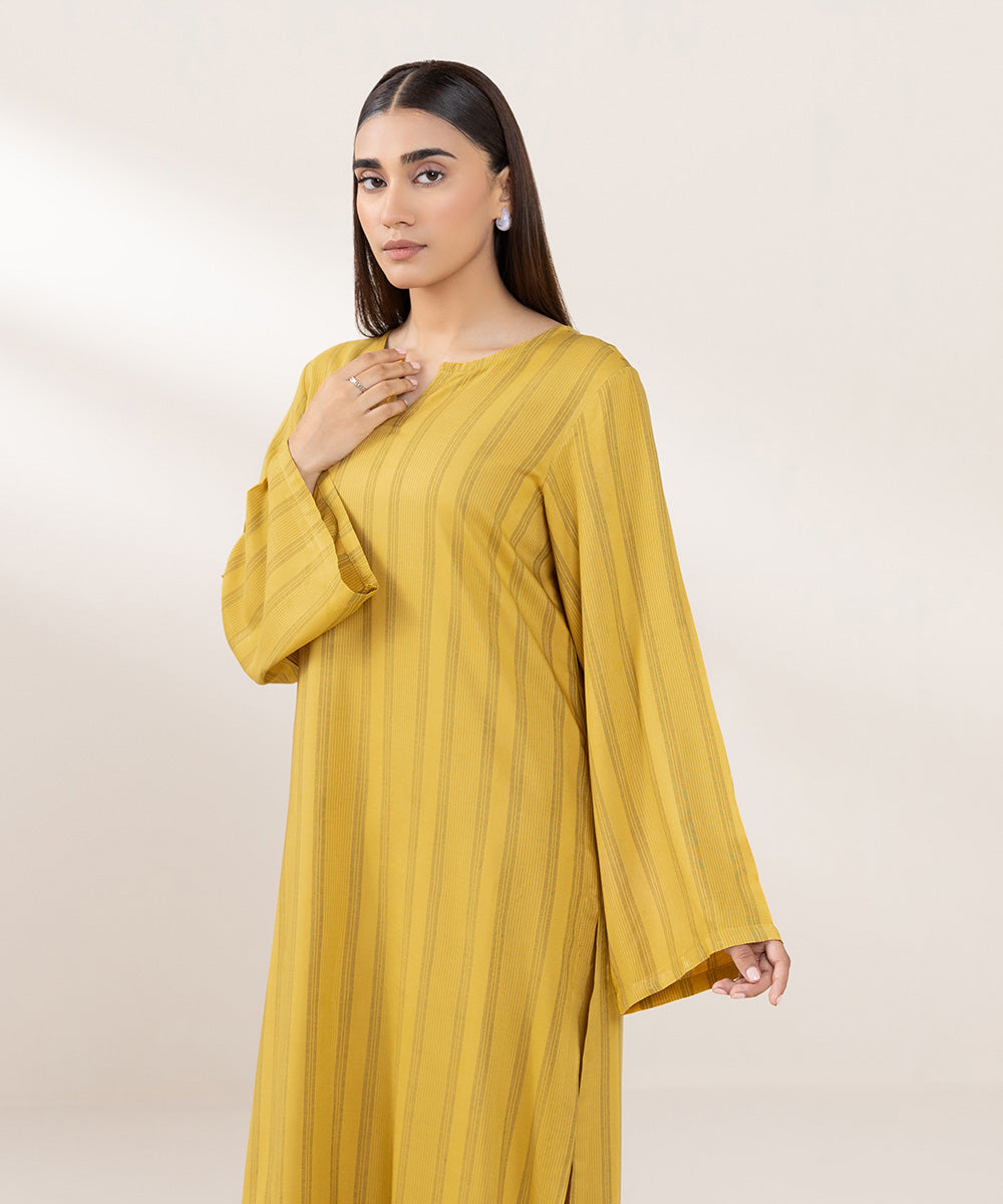 Women's Pret Yarn Dyed Cotton Solid Yellow Straight Shirt