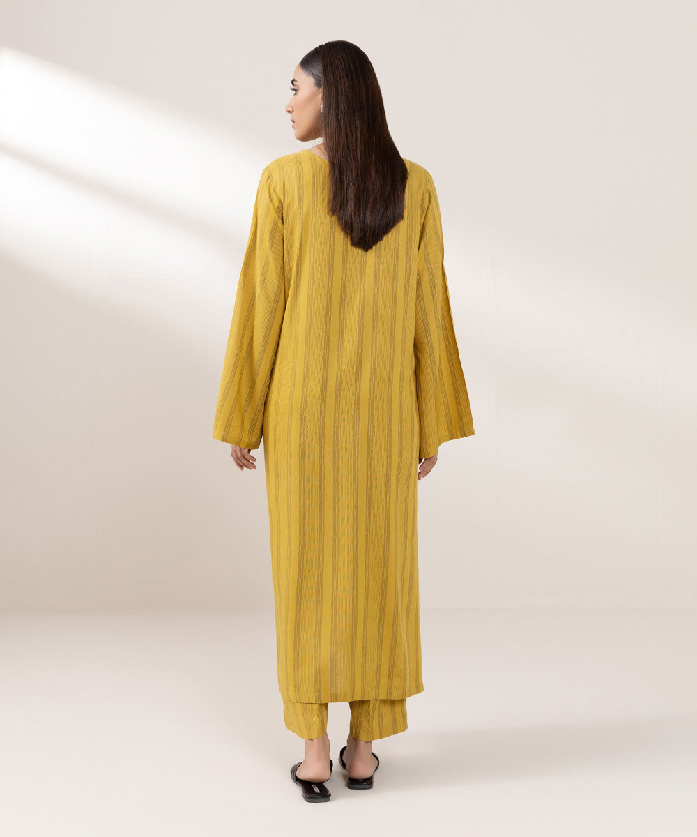 Women's Pret Yarn Dyed Cotton Solid Yellow Straight Shirt