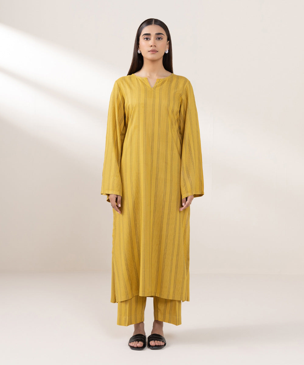 Women's Pret Yarn Dyed Cotton Solid Yellow Straight Shirt