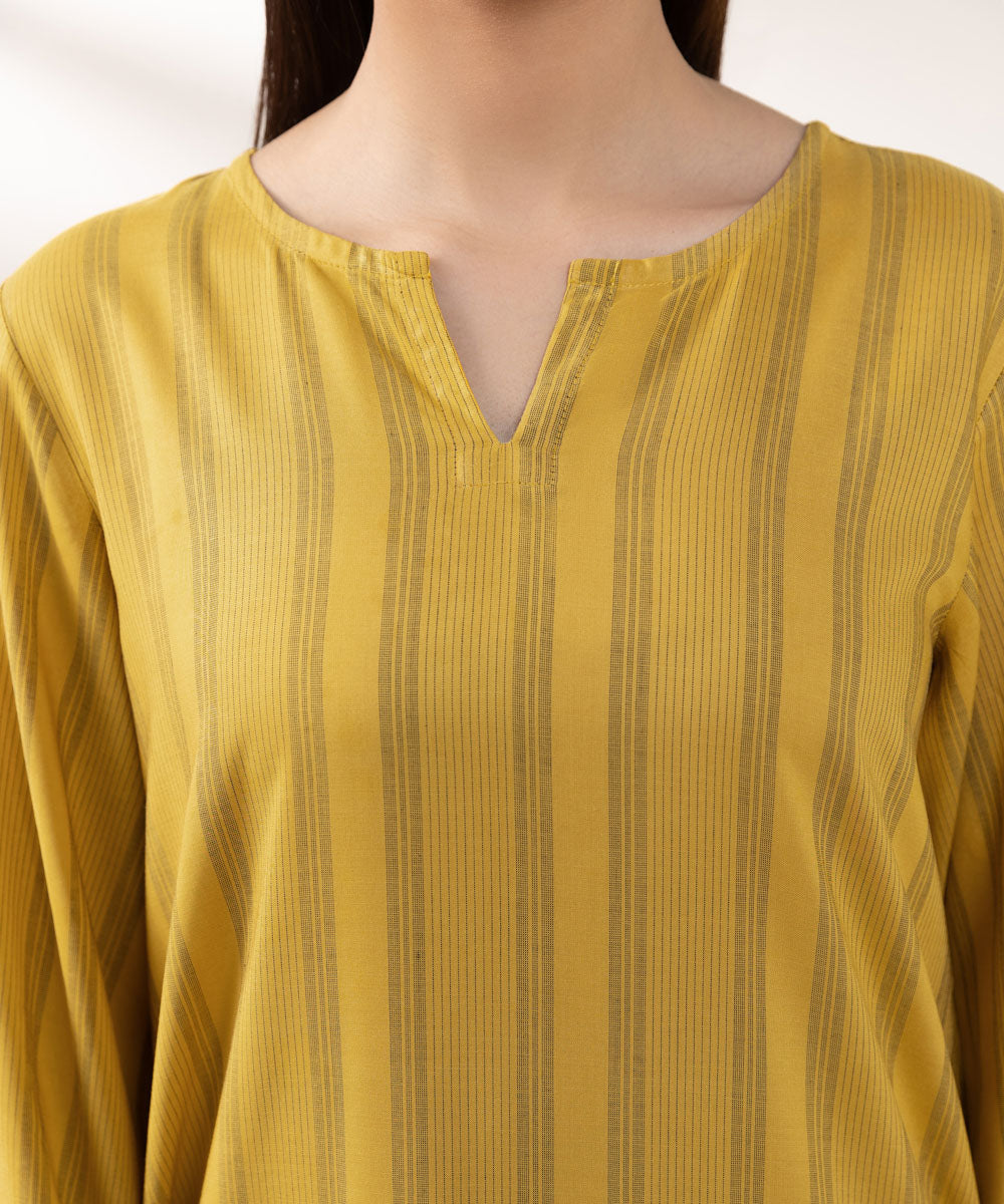 Women's Pret Yarn Dyed Cotton Solid Yellow Straight Shirt