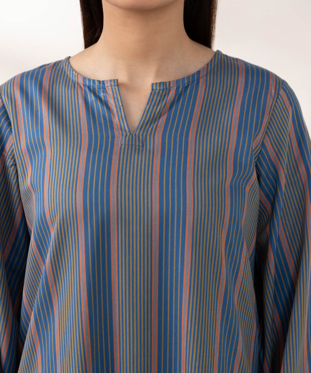 Women's Pret Yarn Dyed Cotton Solid Blue A-line Shirt