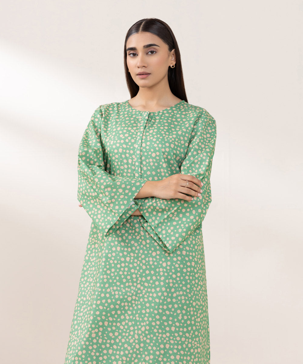 Women's Pret Cambric Printed Green Straight Shirt