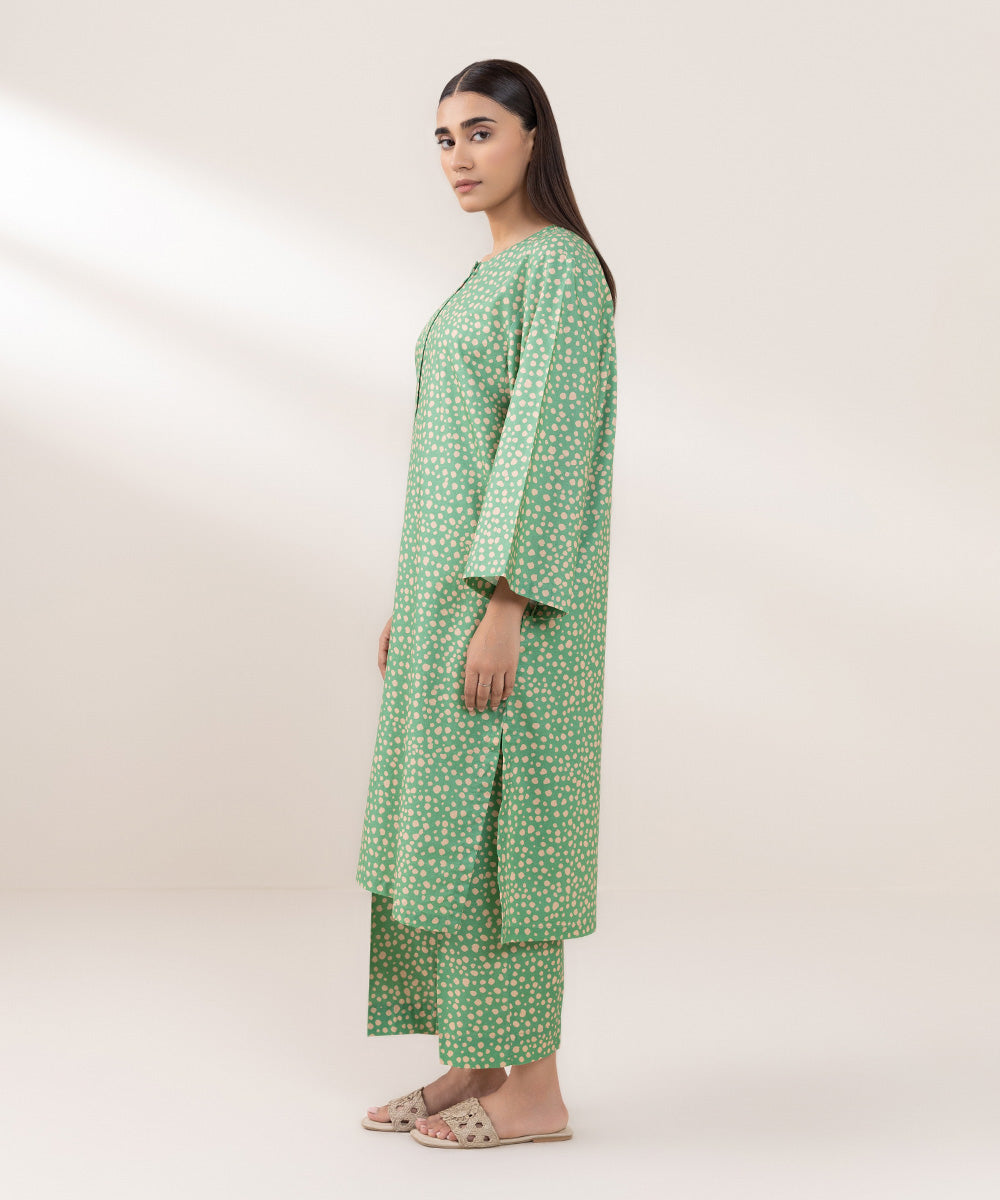 Women's Pret Cambric Printed Green Straight Shirt