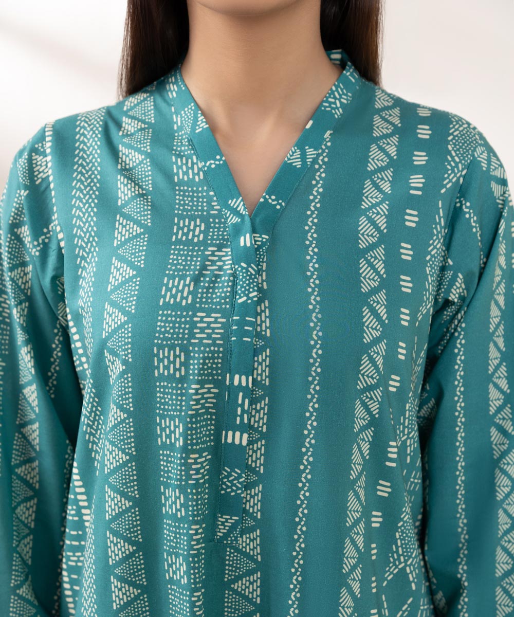 Women's Pret Cotton Viscose Printed Green A-Line Shirt