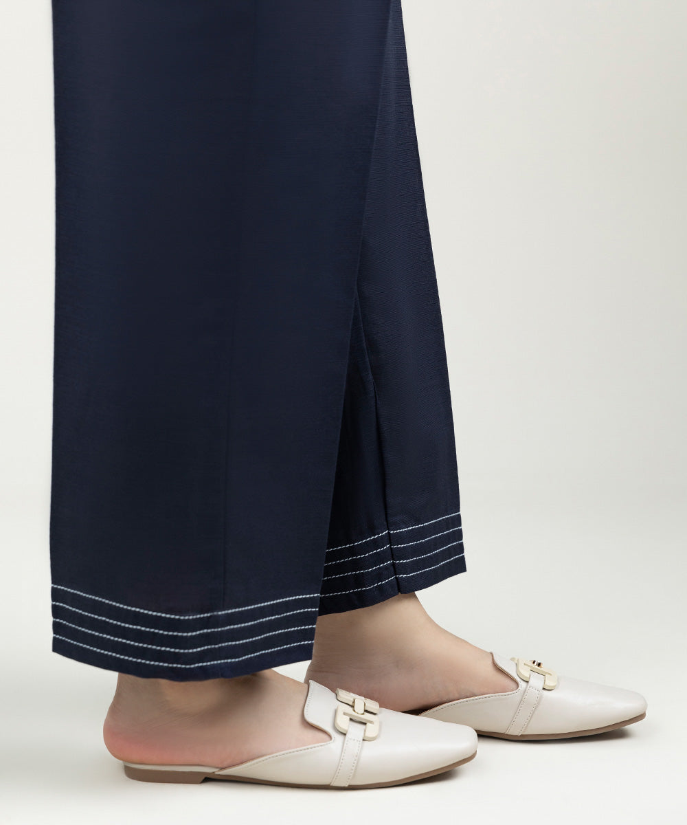 Women's Pret Khaddar Solid Navy Blue Straight Pants