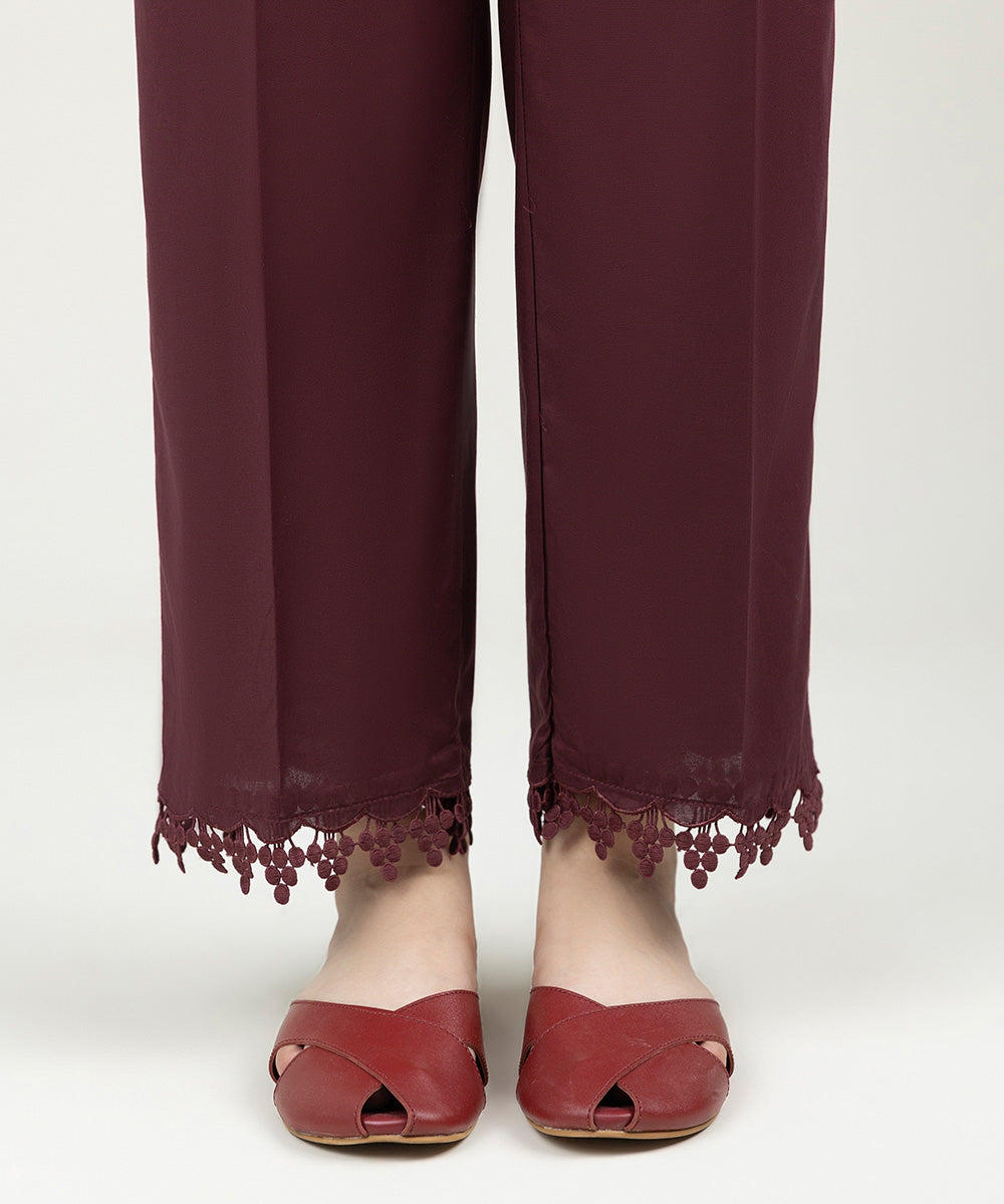 Women's Pret Cambric Solid Burgundy Straight Pants