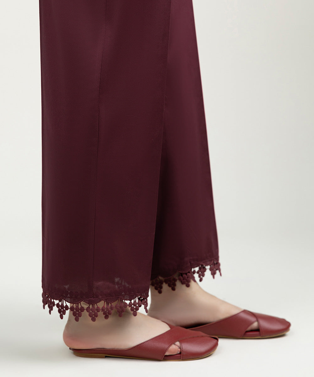 Women's Pret Cambric Solid Burgundy Straight Pants