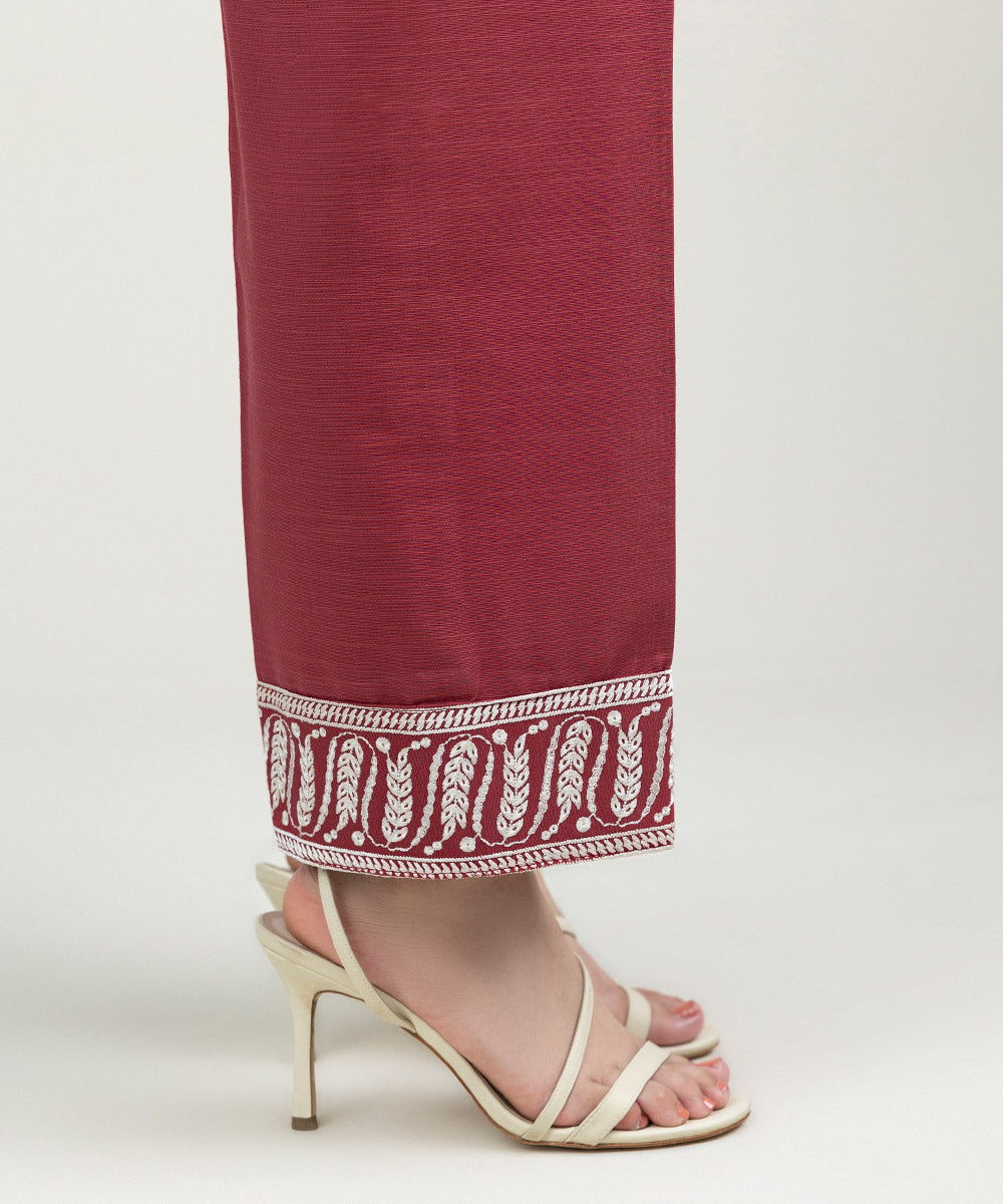 Women's Pret Khaddar Embroidered Deep Red Straight Pants