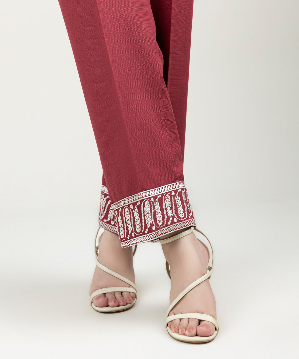 Women's Pret Khaddar Embroidered Deep Red Straight Pants